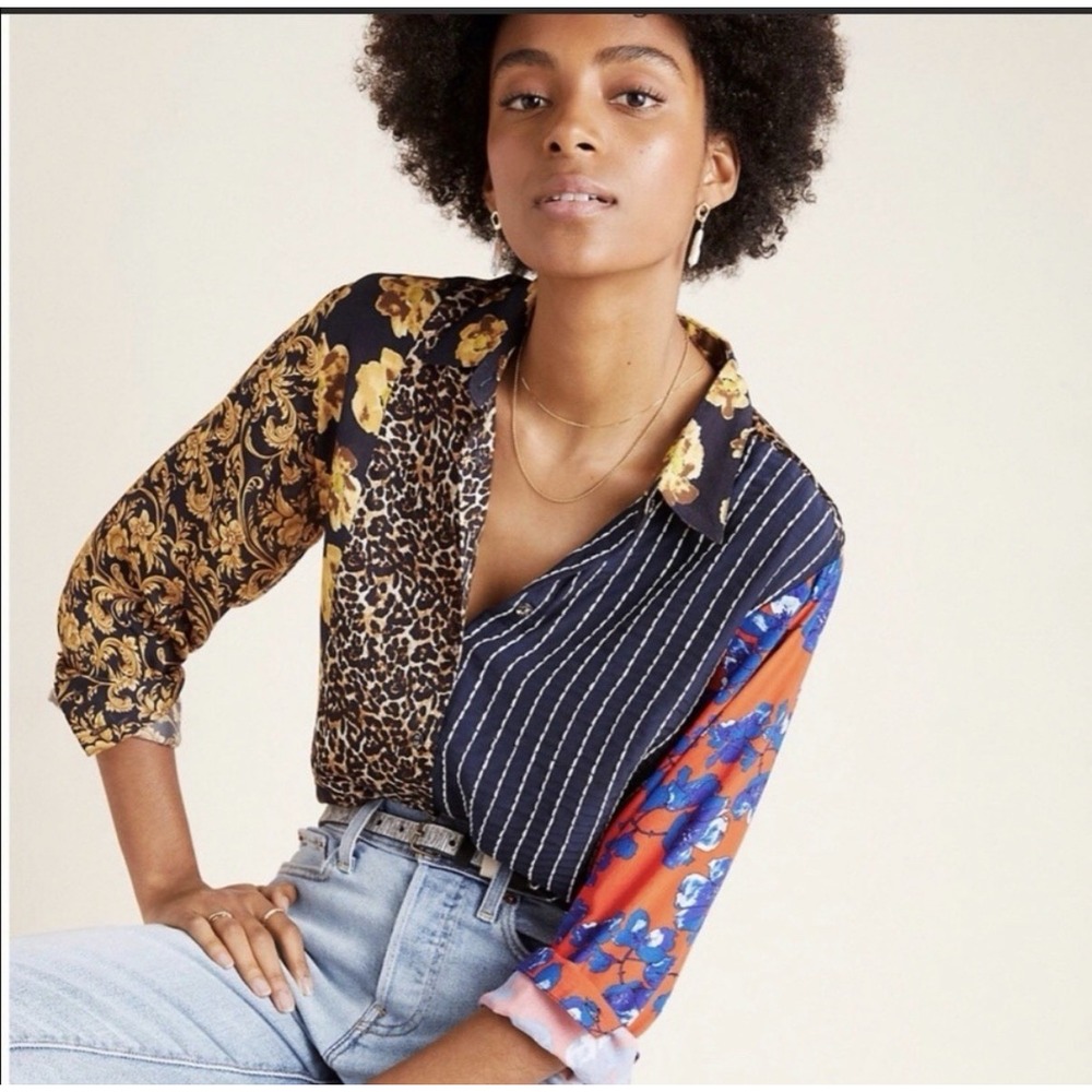 Dhruv Kapoor‎ Anthropologie Button Down Shirt Womens M Multi NEW Mixed Print Top
